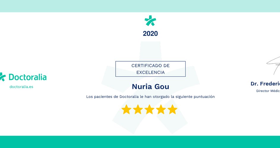 Certificat d'excel·lència Doctoralia 2020 | Psicòloga en Cervelló - Nuria Gou